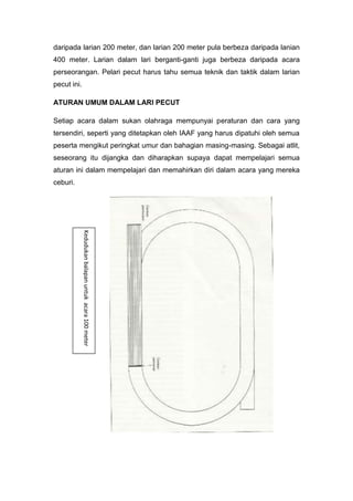 daripada larian 200 meter, dan larian 200 meter pula berbeza daripada lanian
400 meter. Larian dalam lari berganti-ganti juga berbeza daripada acara
perseorangan. Pelari pecut harus tahu semua teknik dan taktik dalam larian
pecut ini.
ATURAN UMUM DALAM LARI PECUT
Setiap acara dalam sukan olahraga mempunyai peraturan dan cara yang
tersendiri, seperti yang ditetapkan oleh IAAF yang harus dipatuhi oleh semua
peserta mengikut peringkat umur dan bahagian masing-masing. Sebagai atlit,
seseorang itu dijangka dan diharapkan supaya dapat mempelajari semua
aturan ini dalam mempelajari dan memahirkan diri dalam acara yang mereka
ceburi.
Kedudukanbalapanuntukacara100meter
 