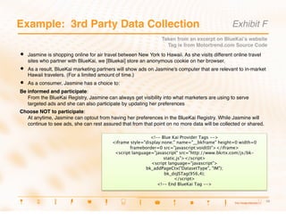 Example: 3rd Party Data Collection
                                                               Exhibit F
                                                                  Taken from an excerpt on BlueKaiʼs website
                                                                    Tag is from Motortrend.com Source Code
•    Jasmine is shopping online for air travel between New York to Hawaii. As she visits different online travel
     sites who partner with BlueKai, we [Bluekai] store an anonymous cookie on her browser.
•    As a result, BlueKai marketing partners will show ads on Jasmine's computer that are relevant to in-market
     Hawaii travelers. (For a limited amount of time.)
•    As a consumer, Jasmine has a choice to:
Be informed and participate:  
   From the BlueKai Registry, Jasmine can always get visibility into what marketers are using to serve
   targeted ads and she can also participate by updating her preferences
Choose NOT to participate:  
  At anytime, Jasmine can optout from having her preferences in the BlueKai Registry. While Jasmine will
  continue to see ads, she can rest assured that from that point on no more data will be collected or shared.




                                                                                                                   14
                                                                                                                   14
 