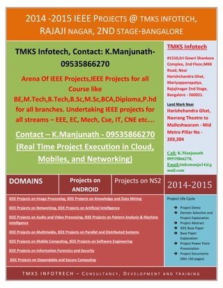 2014 -2015 IEEE PROJECTS @ TMKS INFOTECH,
RAJAJI NAGAR, 2ND STAGE-BANGALORE
DOMAINS Projects on
ANDROID
Projects on NS2
2014-2015
TMKS Infotech, Contact: K.Manjunath-
09535866270
Arena Of IEEE Projects,IEEE Projects for all
Course like
BE,M.Tech,B.Tech,B.Sc,M.Sc,BCA,Diploma,P.hd
for all branches. Undertaking IEEE projects for
all streams – EEE, EC, Mech, Cse, IT, CNE etc….
Contact – K.Manjunath - 09535866270
(Real Time Project Execution in Cloud,
Mobiles, and Networking)
TMKS Infotech
#1510,Sri Gowri Shankara
Complex, 2nd Floor,MKK
Road, Near
Harishchandra Ghat,
Mariyappanapalya,
Rajajinagar 2nd Stage,
Bangalore - 560021.
Land Mark Near
Harishchandra Ghat,
Navrang Theatre to
Malleshwaram - Mid
Metro Pillar No -
203,204
Call: K.Manjunath
09535866270,
Email:tmksmanju14@g
mail.com
IEEE Projects on Image Processing, IEEE Projects on Knowledge and Data Mining
IEEE Projects on Networking, IEEE Projects on Artificial Intelligence
IEEE Projects on Audio and Video Processing, IEEE Projects on Pattern Analysis & Machine
Intelligence
IEEE Projects on Multimedia, IEEE Projects on Parallel and Distributed Systems
IEEE Projects on Mobile Computing, IEEE Projects on Software Engineering
IEEE Projects on Information Forensics and Security
IEEE Projects on Dependable and Secure Computing
IEEE Projects on Systems, Man & Cybernetics
IEEE Projects on Computers
Project Life Cycle
 Project Demo
 Domain Selection and
Project Explanation
 Project Abstract
 IEEE Base Paper
 Base Paper
Explanation
 Project Power Point
Presentation
 Project Documents
(Min 150 pages)
T M K S I N F O T R E C H – C O N S U L T A N C Y , D E V E L O P M E N T A N D T R A I N I N G
 