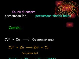 Keliru di antara  setengah persamaan,  persamaan ion ,  dan  persamaan tindak balas . Contoh:  Cu 2+   +  2e     Cu  (setengah pers.)   Cu 2+   +  Zn    Zn 2+   +  Cu (persamaan ion) CuSO 4   +  Zn    Cu  +  ZnSO 4     (persamaan tindak balas)   