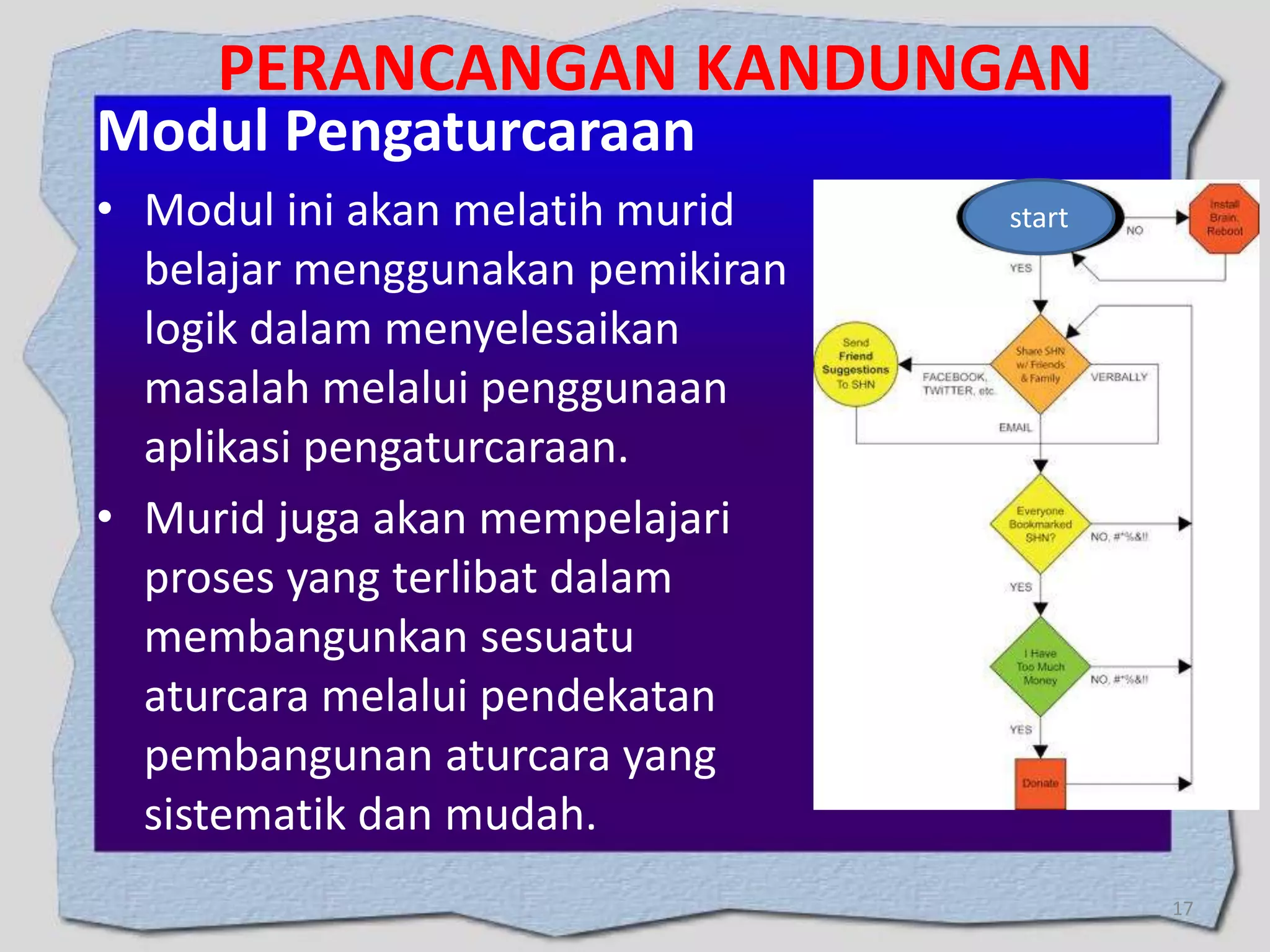 PERANCANGAN KANDUNGAN

Modul Pengaturcaraan

• Modul ini akan melatih murid
belajar menggunakan pemikiran
logik dalam menyelesaikan
masalah melalui penggunaan
aplikasi pengaturcaraan.
• Murid juga akan mempelajari
proses yang terlibat dalam
membangunkan sesuatu
aturcara melalui pendekatan
pembangunan aturcara yang
sistematik dan mudah.

start

17

 
