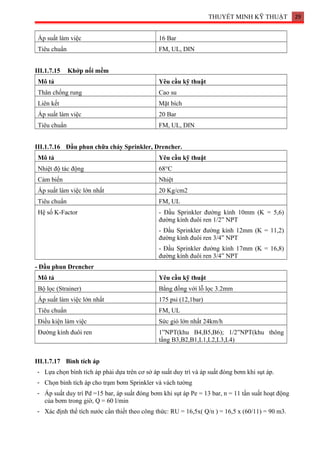 THUYẾT MINH KỸ THUẬT 29
Áp suất làm việc 16 Bar
Tiêu chuẩn FM, UL, DIN
III.1.7.15 Khớp nối mềm
Mô tả Yêu cầu kỹ thuật
Thân chống rung Cao su
Liên kết Mặt bích
Áp suất làm việc 20 Bar
Tiêu chuẩn FM, UL, DIN
III.1.7.16 Đầu phun chữa cháy Sprinkler, Drencher.
Mô tả Yêu cầu kỹ thuật
Nhiệt độ tác động 68°C
Cảm biến Nhiệt
Áp suất làm việc lớn nhất 20 Kg/cm2
Tiêu chuẩn FM, UL
Hệ số K-Factor - Đầu Sprinkler đường kính 10mm (K = 5,6)
đường kính đuôi ren 1/2” NPT
- Đầu Sprinkler đường kính 12mm (K = 11,2)
đường kính đuôi ren 3/4” NPT
- Đầu Sprinkler đường kính 17mm (K = 16,8)
đường kính đuôi ren 3/4” NPT
- Đầu phun Drencher
Mô tả Yêu cầu kỹ thuật
Bộ lọc (Strainer) Bằng đồng với lỗ lọc 3.2mm
Áp suất làm việc lớn nhất 175 psi (12,1bar)
Tiêu chuẩn FM, UL
Điều kiện làm việc Sức gió lớn nhất 24km/h
Đường kính đuôi ren 1”NPT(khu B4,B5,B6); 1/2”NPT(khu thông
tầng B3,B2,B1,L1,L2,L3,L4)
III.1.7.17 Bình tích áp
- Lựa chọn bình tích áp phải dựa trên cơ sở áp suất duy trì và áp suất đóng bơm khi sụt áp.
- Chọn bình tích áp cho trạm bơm Sprinkler và vách tường
- Áp suất duy trì Pd =15 bar, áp suất đóng bơm khi sụt áp Pe = 13 bar, n = 11 tần suất hoạt động
của bơm trong giờ, Q = 60 l/min
- Xác định thể tích nước cần thiết theo công thức: RU = 16,5x( Q/n ) = 16,5 x (60/11) = 90 m3.
 