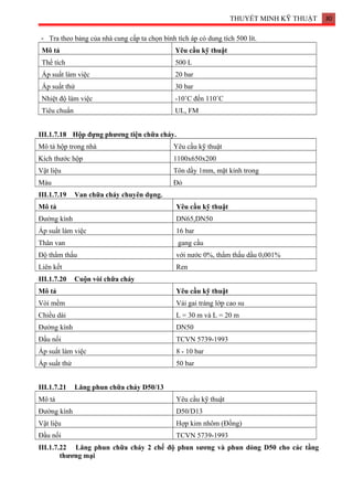 THUYẾT MINH KỸ THUẬT 30
- Tra theo bảng của nhà cung cấp ta chọn bình tích áp có dung tích 500 lít.
Mô tả Yêu cầu kỹ thuật
Thể tích 500 L
Áp suất làm việc 20 bar
Áp suất thử 30 bar
Nhiệt độ làm việc -10˚C đến 110˚C
Tiêu chuẩn UL, FM
III.1.7.18 Hộp đựng phương tiện chữa cháy.
Mô tả hộp trong nhà Yêu cầu kỹ thuật
Kích thước hộp 1100x650x200
Vật liệu Tôn dầy 1mm, mặt kính trong
Màu Đỏ
III.1.7.19 Van chữa cháy chuyên dụng.
Mô tả Yêu cầu kỹ thuật
Đường kính DN65,DN50
Áp suất làm việc 16 bar
Thân van gang cầu
Độ thẩm thấu với nước 0%, thẩm thấu dầu 0,001%
Liên kết Ren
III.1.7.20 Cuộn vòi chữa cháy
Mô tả Yêu cầu kỹ thuật
Vòi mềm Vải gai tráng lớp cao su
Chiều dài L = 30 m và L = 20 m
Đường kính DN50
Đầu nối TCVN 5739-1993
Áp suất làm việc 8 - 10 bar
Áp suất thử 50 bar
III.1.7.21 Lăng phun chữa cháy D50/13
Mô tả Yêu cầu kỹ thuật
Đường kính D50/D13
Vật liệu Hợp kim nhôm (Đồng)
Đầu nối TCVN 5739-1993
III.1.7.22 Lăng phun chữa cháy 2 chế độ phun sương và phun dòng D50 cho các tầng
thương mại
 