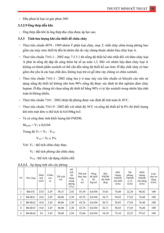 THUYẾT MINH KỸ THUẬT 35
- Đầu phun là loại có góc phun 360˚.
3.3.2.9 Ống thép dẫn khí.
- Ống thép dẫn khí là ống thép đúc chịu được áp lực cao.
3.3.3 Tính lưu lượng khí cần thiết để chữa cháy
- Theo tiêu chuẩn 4878 : 1989 nhóm T phân loại cháy, mục 2: chất cháy chứa trong phòng bao
gồm các máy móc thiết bị đều là nhiên rắn do vậy chúng thuộc nhiên liệu cháy loại A.
- Theo tiêu chuẩn 7161-1 : 2002 mục 7.5.3.1 thì nồng độ thiết kế nhỏ nhất đối với đám cháy loại
A phải là nồng độ dập tắt cộng thêm hệ số an toàn 1,3. Đối với nhiên liệu đám cháy loại A
không có thành phần xenlulô có thể cần đến nồng độ thiết kế cao hơn. Ở đây chất cháy có bao
gồm chủ yếu là các loại chất dẻo, không loại trừ có gỗ như vậy chúng có chứa xenlulô.
- Theo tiêu chuẩn 7161-1 : 2002 cũng lưu ý ở mục này của tiêu chuẩn có khuyến cáo nên sử
dụng nồng độ thiết kế không nhỏ hơn 90% nồng độ được xác định từ thử nghiệm đám cháy
heptan. Ở đây chúng tôi chọn nồng độ thiết kế bằng 90% vì tỷ lện xenlulô trong nhiên liệu tính
toán là không nhiều.
- Theo tiêu chuẩn 7161 : 2002 nhiệt độ phòng được xác định để tính toán là 30˚C.
- Theo tiêu chuẩn 7161-9 : 2002 đối với nhiệt độ 30˚C và nồng độ thiết kế là 8% thì khối lượng
khí trên một đơn vị thể tích là 0,6104kg/m3.
- Ta có công thức tính khối lượng khí FM200;
Mfm200 = VT x 0,6104
Trong đó VT = VP – VVD
VVD = VP x 5%
Với: VT : thể tích chữa cháy thực.
VP : thể tích phòng cần chữa cháy.
VVD : thể tích vật dụng chiếm chỗ.
3.3.3.1. Áp dụng tính cho các phòng:
TT Tên vùng
Diện
tích
(m2)
Chiều
cao
m
Thể tích
m3
thể
tích
vật
dụng
trong
phòng
(5%)
Thể tích
thực bảo
vệ
m3
Nồng
độ thiết
kế
Kg/m3
Khí
FM200
cần thiết
(Kg)
khối
lượng
FM200
cần thiết
(Lbs)
Dự
phòng
FM200
(1,3)
(Lbs)
Khối
lượng
FM200
cần dùng
(Lbs)
Loại
chai sử
dụng
(Lbs)
1 B4-CG 23,8 2,45 58,31 2,92 55,39 0,6104 33,81 74,48 22,34 96,82 100
2 B4-BA1 18,8 2,45 46,06 2,30 43,76 0,6104 26,71 58,83 17,65 76,48 100
3 B4-BA2 18,8 2,45 46,06 2,30 43,76 0,6104 26,71 58,83 17,65 76,48 100
4 B4-BA3 18,8 2,45 46,06 2,30 43,76 0,6104 26,71 58,83 17,65 76,48 100
5 B4-BA4 24 2,45 58,80 2,94 55,86 0,6104 34,10 75,10 22,53 97,63 100
 