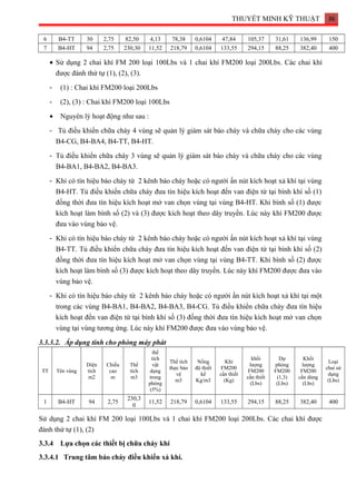 THUYẾT MINH KỸ THUẬT 36
6 B4-TT 30 2,75 82,50 4,13 78,38 0,6104 47,84 105,37 31,61 136,99 150
7 B4-HT 94 2,75 230,30 11,52 218,79 0,6104 133,55 294,15 88,25 382,40 400
• Sử dụng 2 chai khí FM 200 loại 100Lbs và 1 chai khí FM200 loại 200Lbs. Các chai khí
được đánh thứ tự (1), (2), (3).
- (1) : Chai khí FM200 loại 200Lbs
- (2), (3) : Chai khí FM200 loại 100Lbs
• Nguyên lý hoạt động như sau :
- Tủ điều khiển chữa cháy 4 vùng sẽ quản lý giám sát báo cháy và chữa cháy cho các vùng
B4-CG, B4-BA4, B4-TT, B4-HT.
- Tủ điều khiển chữa cháy 3 vùng sẽ quản lý giám sát báo cháy và chữa cháy cho các vùng
B4-BA1, B4-BA2, B4-BA3.
- Khi có tín hiệu báo cháy từ 2 kênh báo cháy hoặc có người ấn nút kích hoạt xả khí tại vùng
B4-HT. Tủ điều khiển chữa cháy đưa tín hiệu kích hoạt đến van điện từ tại bình khí số (1)
đồng thời đưa tín hiệu kích hoạt mở van chọn vùng tại vùng B4-HT. Khi bình số (1) được
kích hoạt làm bình số (2) và (3) được kích hoạt theo dây truyền. Lúc này khí FM200 được
đưa vào vùng bảo vệ.
- Khi có tín hiệu báo cháy từ 2 kênh báo cháy hoặc có người ấn nút kích hoạt xả khí tại vùng
B4-TT. Tủ điều khiển chữa cháy đưa tín hiệu kích hoạt đến van điện từ tại bình khí số (2)
đồng thời đưa tín hiệu kích hoạt mở van chọn vùng tại vùng B4-TT. Khi bình số (2) được
kích hoạt làm bình số (3) được kích hoạt theo dây truyền. Lúc này khí FM200 được đưa vào
vùng bảo vệ.
- Khi có tín hiệu báo cháy từ 2 kênh báo cháy hoặc có người ấn nút kích hoạt xả khí tại một
trong các vùng B4-BA1, B4-BA2, B4-BA3, B4-CG. Tủ điều khiển chữa cháy đưa tín hiệu
kích hoạt đến van điện từ tại bình khí số (3) đồng thời đưa tín hiệu kích hoạt mở van chọn
vùng tại vùng tương ứng. Lúc này khí FM200 được đưa vào vùng bảo vệ.
3.3.3.2. Áp dụng tính cho phòng máy phát
TT Tên vùng
Diện
tích
m2
Chiều
cao
m
Thể
tích
m3
thể
tích
vật
dụng
trong
phòng
(5%)
Thể tích
thực bảo
vệ
m3
Nồng
độ thiết
kế
Kg/m3
Khí
FM200
cần thiết
(Kg)
khối
lượng
FM200
cần thiết
(Lbs)
Dự
phòng
FM200
(1,3)
(Lbs)
Khối
lượng
FM200
cần dùng
(Lbs)
Loại
chai sử
dụng
(Lbs)
1 B4-HT 94 2,75
230,3
0
11,52 218,79 0,6104 133,55 294,15 88,25 382,40 400
Sử dụng 2 chai khí FM 200 loại 100Lbs và 1 chai khí FM200 loại 200Lbs. Các chai khí được
đánh thứ tự (1), (2)
3.3.4 Lựa chọn các thiết bị chữa cháy khí
3.3.4.1 Trung tâm báo cháy điều khiển xả khí.
 