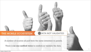 THE MOBILE ECOSYSTEM

DATA NOT VALIDATED

A number of sources all pull from the same inventory or panels.
There is no one unified voice to confirm or validate the data.
26

Monday, October 28, 2013

 