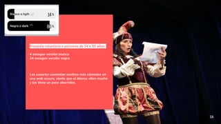 “
16
Encuesta voluntaria a personas de 24 a 50 años:
4 escogen versión blanca
24 escogen versión negra
Los usuarios comentan sentirse más cómodos en
una web oscura, siente que el blanco vibra mucho
y los tiene un poco aburridos.
 