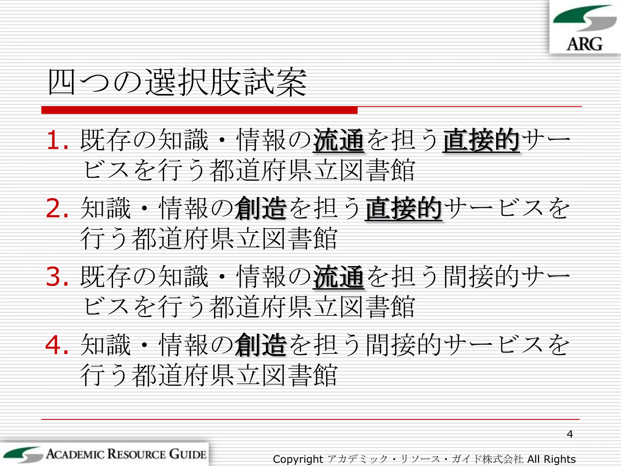 四つの選択肢試案既存の知識・情報の流通を担う直接的サービスを行う都道府県立図書館知識・情報の創造を担う直接的サービスを行う都道府県立図書館既存の知識・情報の流通を担う間接的サービスを行う都道府県立図書館知識・情報の創造を担う間接的サービスを行う都道府県立図書館4Copyright アカデミック・リソース・ガイド株式会社 All Rights Reserved.