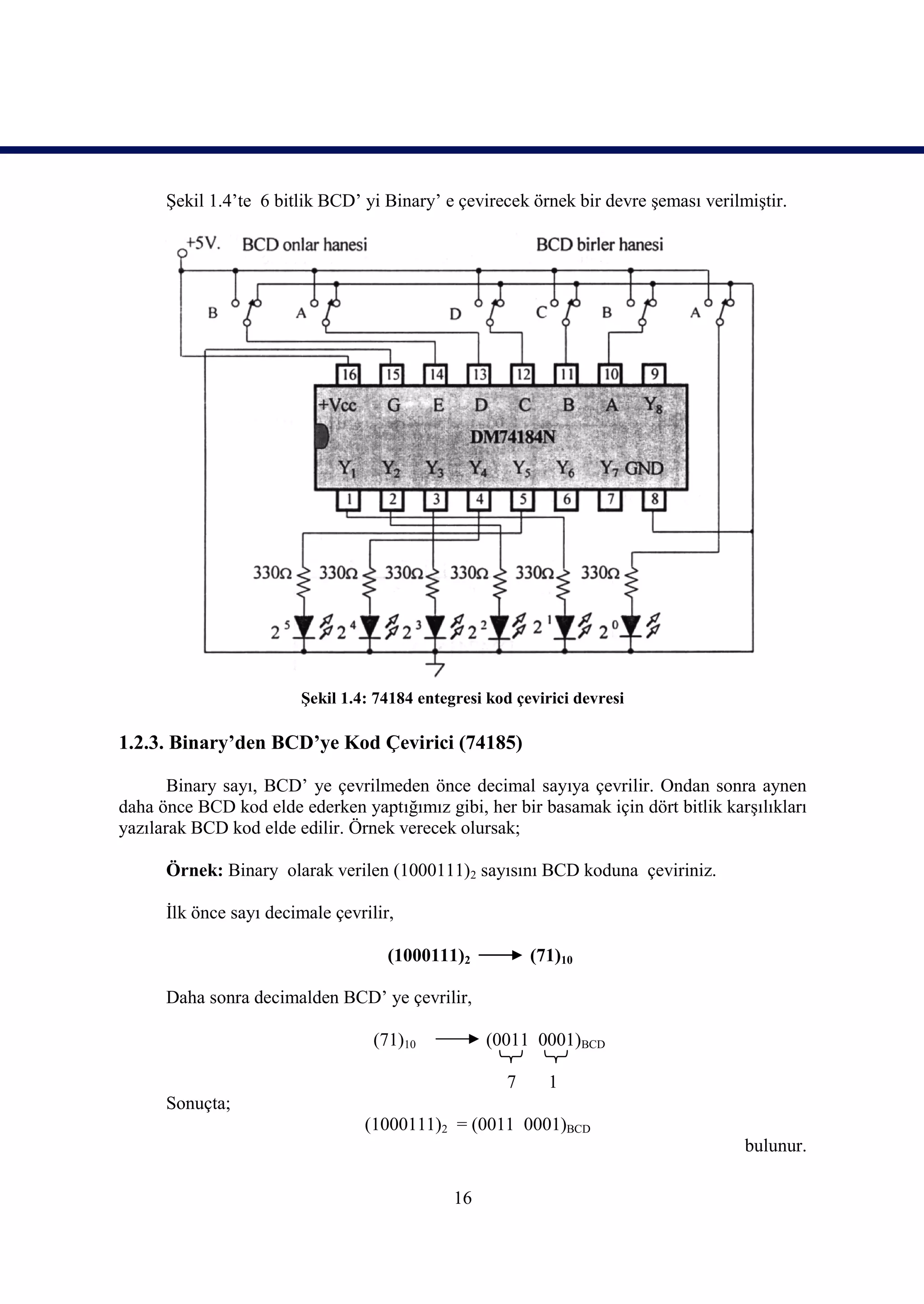 Şekil 1.4’te 6 bitlik BCD’ yi Binary’ e çevirecek örnek bir devre şeması verilmiştir.




                        Şekil 1.4: 74184 entegresi kod çevirici devresi

1.2.3. Binary’den BCD’ye Kod Çevirici (74185)

       Binary sayı, BCD’ ye çevrilmeden önce decimal sayıya çevrilir. Ondan sonra aynen
daha önce BCD kod elde ederken yaptığımız gibi, her bir basamak için dört bitlik karşılıkları
yazılarak BCD kod elde edilir. Örnek verecek olursak;

      Örnek: Binary olarak verilen (1000111)2 sayısını BCD koduna çeviriniz.

      İlk önce sayı decimale çevrilir,

                                     (1000111)2          (71)10

      Daha sonra decimalden BCD’ ye çevrilir,

                                   (71)10          (0011 0001)BCD

                                                     7      1
      Sonuçta;
                                 (1000111)2 = (0011 0001)BCD
                                                                                     bulunur.

                                              16
 