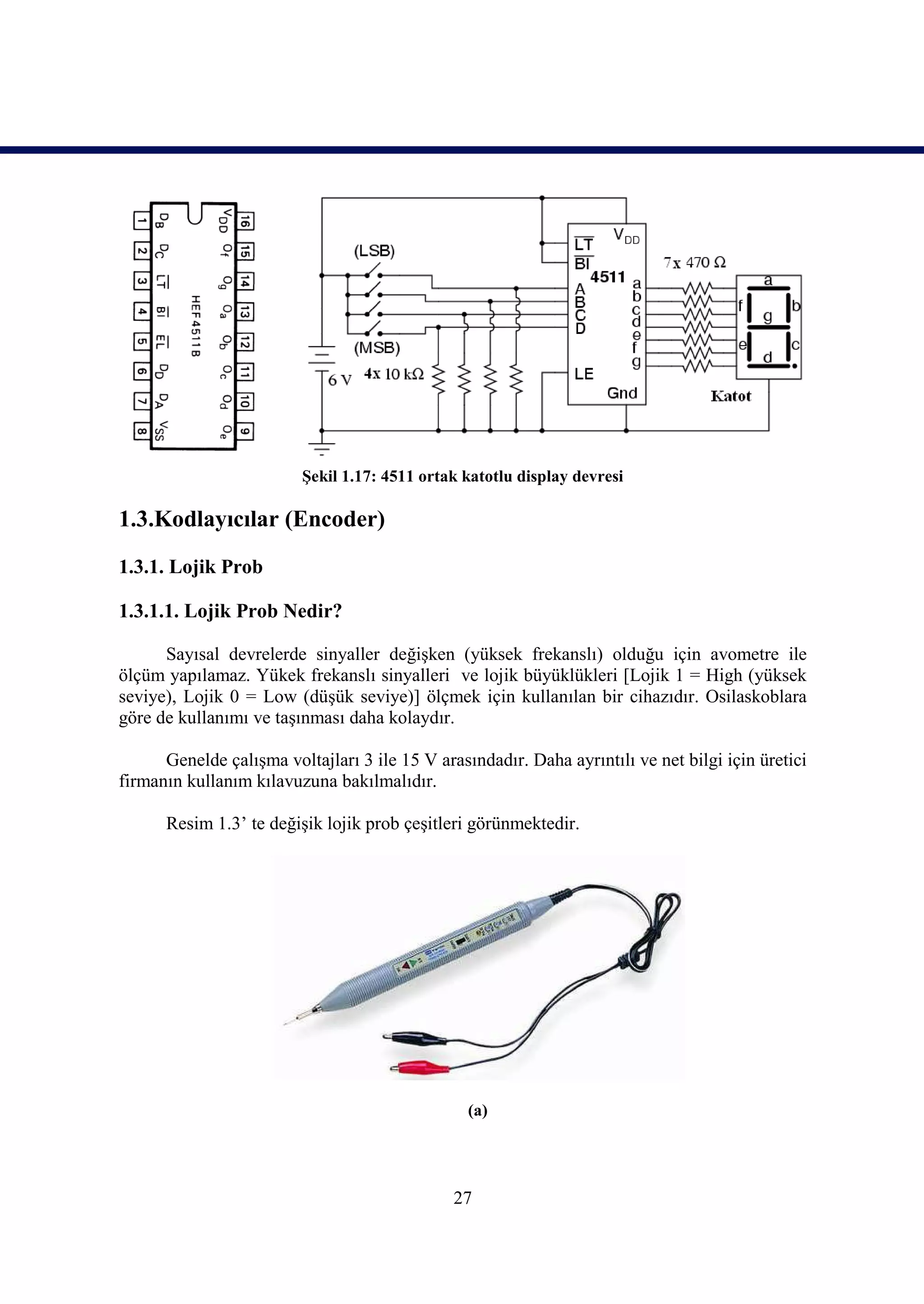 Şekil 1.17: 4511 ortak katotlu display devresi

1.3.Kodlayıcılar (Encoder)
1.3.1. Lojik Prob

1.3.1.1. Lojik Prob Nedir?

      Sayısal devrelerde sinyaller değişken (yüksek frekanslı) olduğu için avometre ile
ölçüm yapılamaz. Yükek frekanslı sinyalleri ve lojik büyüklükleri [Lojik 1 = High (yüksek
seviye), Lojik 0 = Low (düşük seviye)] ölçmek için kullanılan bir cihazıdır. Osilaskoblara
göre de kullanımı ve taşınması daha kolaydır.

      Genelde çalışma voltajları 3 ile 15 V arasındadır. Daha ayrıntılı ve net bilgi için üretici
firmanın kullanım kılavuzuna bakılmalıdır.

      Resim 1.3’ te değişik lojik prob çeşitleri görünmektedir.




                                                 (a)




                                               27
 