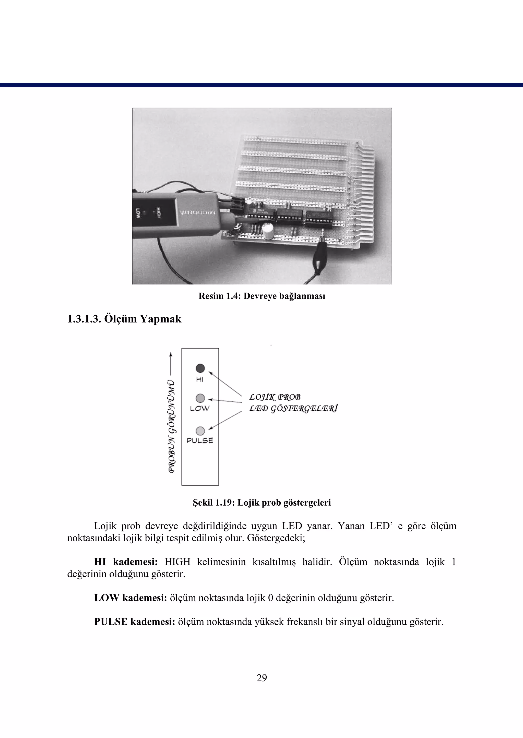 Resim 1.4: Devreye bağlanması

1.3.1.3. Ölçüm Yapmak




                           Şekil 1.19: Lojik prob göstergeleri

      Lojik prob devreye değdirildiğinde uygun LED yanar. Yanan LED’ e göre ölçüm
noktasındaki lojik bilgi tespit edilmiş olur. Göstergedeki;

      HI kademesi: HIGH kelimesinin kısaltılmış halidir. Ölçüm noktasında lojik 1
değerinin olduğunu gösterir.

     LOW kademesi: ölçüm noktasında lojik 0 değerinin olduğunu gösterir.

     PULSE kademesi: ölçüm noktasında yüksek frekanslı bir sinyal olduğunu gösterir.




                                           29
 