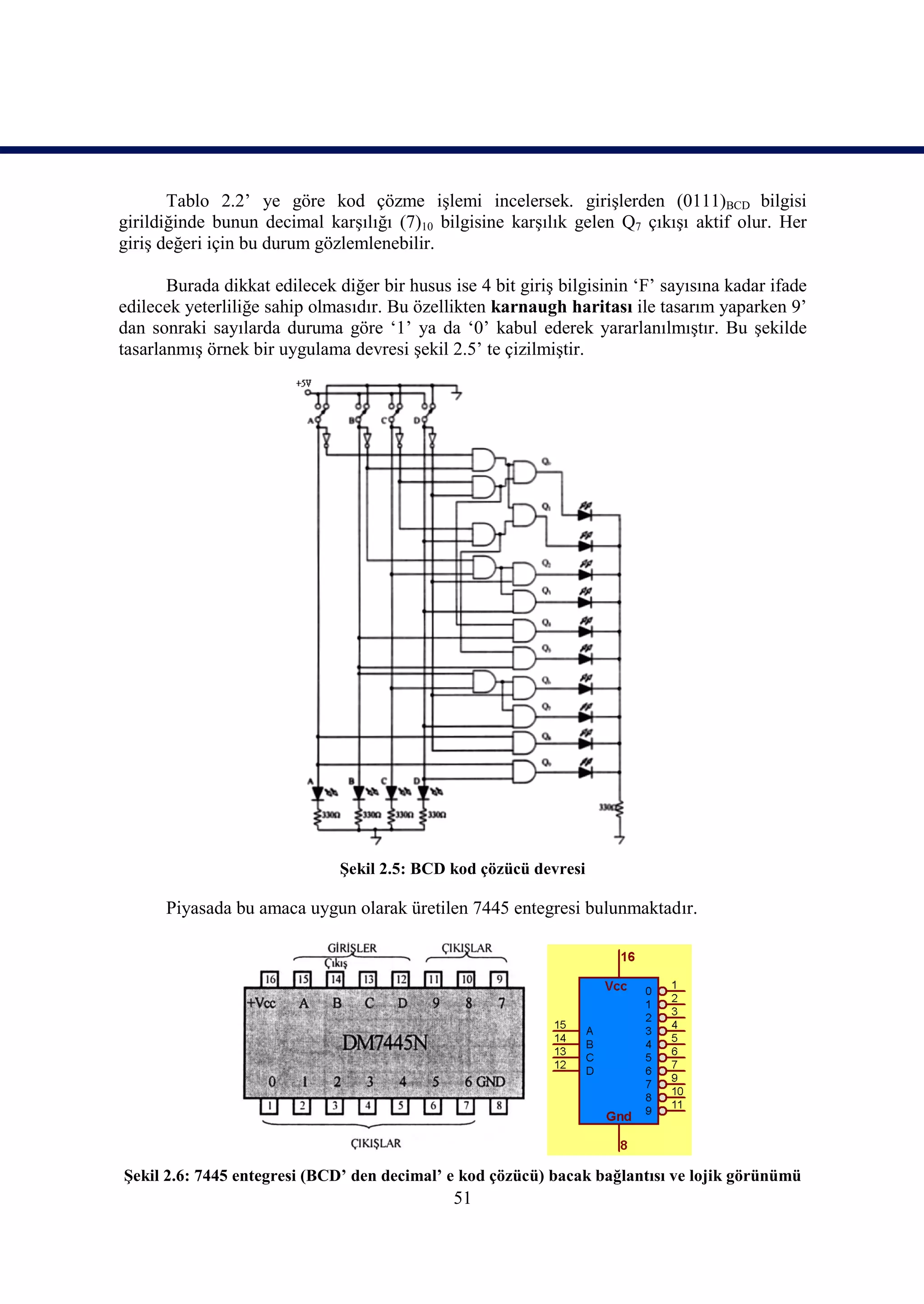 Tablo 2.2’ ye göre kod çözme işlemi incelersek. girişlerden (0111)BCD bilgisi
girildiğinde bunun decimal karşılığı (7)10 bilgisine karşılık gelen Q7 çıkışı aktif olur. Her
giriş değeri için bu durum gözlemlenebilir.

       Burada dikkat edilecek diğer bir husus ise 4 bit giriş bilgisinin ‘F’ sayısına kadar ifade
edilecek yeterliliğe sahip olmasıdır. Bu özellikten karnaugh haritası ile tasarım yaparken 9’
dan sonraki sayılarda duruma göre ‘1’ ya da ‘0’ kabul ederek yararlanılmıştır. Bu şekilde
tasarlanmış örnek bir uygulama devresi şekil 2.5’ te çizilmiştir.




                               Şekil 2.5: BCD kod çözücü devresi

      Piyasada bu amaca uygun olarak üretilen 7445 entegresi bulunmaktadır.




Şekil 2.6: 7445 entegresi (BCD’ den decimal’ e kod çözücü) bacak bağlantısı ve lojik görünümü
                                               51
 