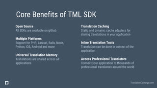 Translation Caching
Static and dynamic cache adapters for
storing translations in your application
Inline Translation Tools
Translation can be done in context of the
application
Access Professional Translators
Connect your application to thousands of
professional translators around the world
Open Source
All SDKs are available on github
Multiple Platforms
Support for PHP, Laravel, Rails, Node,
Python, iOS, Android and more
Universal Translation Memory
Translations are shared across all
applications
Core Benefits of TML SDK
TranslationExchange.com
 