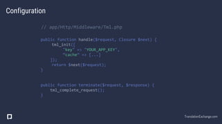 Configuration
// app/Http/Middleware/Tml.php
public function handle($request, Closure $next) {
tml_init([
"key" => "YOUR_APP_KEY",
“cache” => [...]
]);
return $next($request);
}
public function terminate($request, $response) {
tml_complete_request();
}
TranslationExchange.com
 