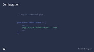 Configuration
// app/Http/Kernel.php
protected $middleware = [
...
AppHttpMiddlewareTml::class,
...
];
TranslationExchange.com
 