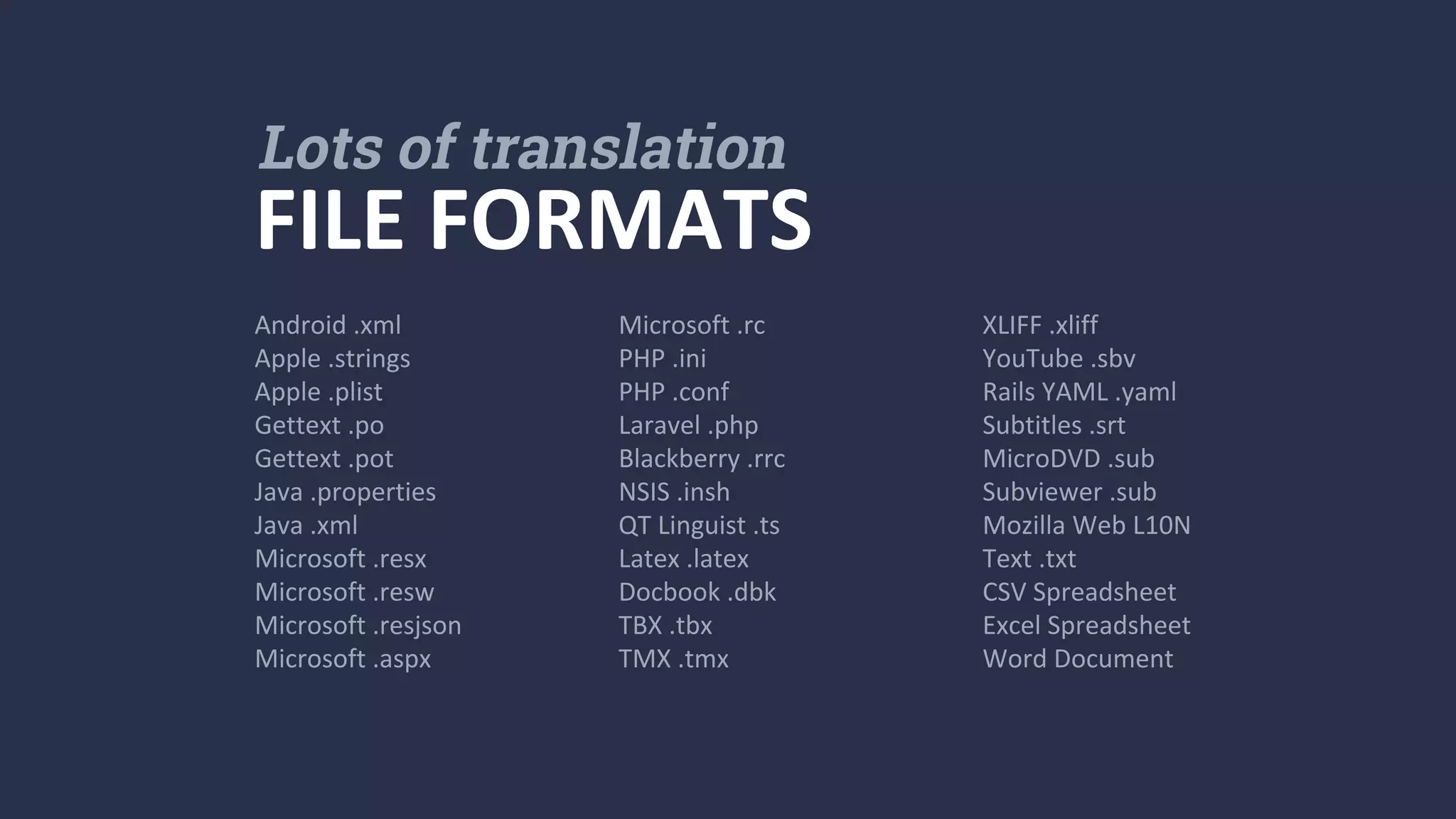 Android .xml
Apple .strings
Apple .plist
Gettext .po
Gettext .pot
Java .properties
Java .xml
Microsoft .resx
Microsoft .resw
Microsoft .resjson
Microsoft .aspx
FILE FORMATS
Lots of translation
Microsoft .rc
PHP .ini
PHP .conf
Laravel .php
Blackberry .rrc
NSIS .insh
QT Linguist .ts
Latex .latex
Docbook .dbk
TBX .tbx
TMX .tmx
XLIFF .xliff
YouTube .sbv
Rails YAML .yaml
Subtitles .srt
MicroDVD .sub
Subviewer .sub
Mozilla Web L10N
Text .txt
CSV Spreadsheet
Excel Spreadsheet
Word Document
 