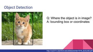 Object Detection
http://cs231n.stanford.edu/slides/winter1516_lecture8.pdf
Q: Where the object is in image?
A: bounding box or coordinates
 