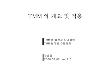 TMM 의 개요 및 적용 TMM 의 출현과 단계설명 TMM 단계별 수행과제 강은경 2006.03.03  ver 2.0 