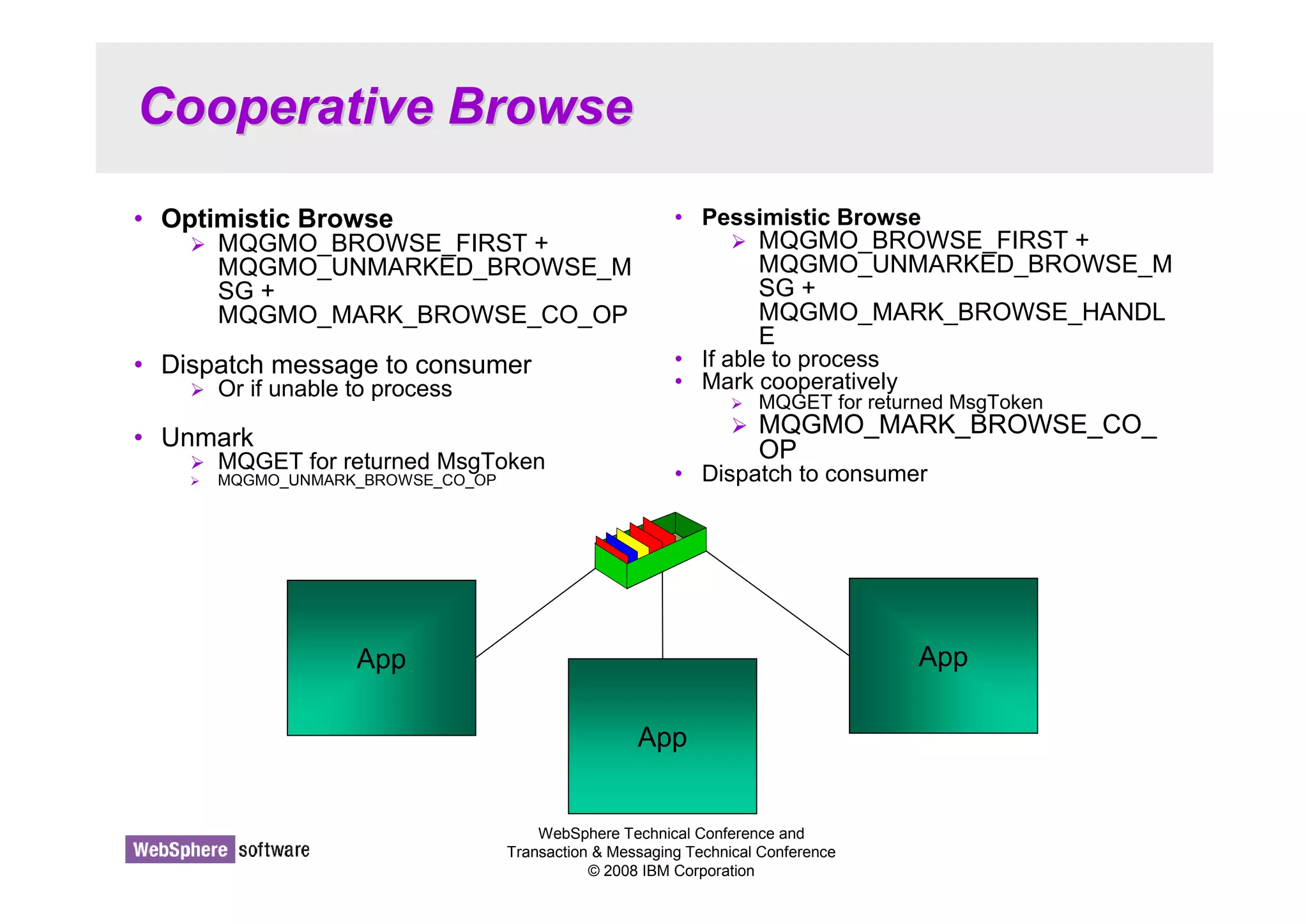Cooperative Browse 
WebSphere Technical Conference and 
Transaction  Messaging Technical Conference 
© 2008 IBM Corporation 
• Optimistic Browse 
 MQGMO_BROWSE_FIRST + 
MQGMO_UNMARKED_BROWSE_M 
SG + 
MQGMO_MARK_BROWSE_CO_OP 
• Dispatch message to consumer 
 Or if unable to process 
• Unmark 
 MQGET for returned MsgToken 
 MQGMO_UNMARK_BROWSE_CO_OP 
• Pessimistic Browse 
 MQGMO_BROWSE_FIRST + 
MQGMO_UNMARKED_BROWSE_M 
SG + 
MQGMO_MARK_BROWSE_HANDL 
E 
• If able to process 
• Mark cooperatively 
 MQGET for returned MsgToken 
 MQGMO_MARK_BROWSE_CO_ 
OP 
• Dispatch to consumer 
App 
App 
App 
 