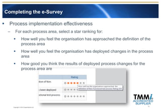 Completing the e-Survey

     Process implementation effectiveness
     –      For each process area, select a star ranking for:
                    How well you feel the organisation has approached the definition of the
                     process area
                    How well you feel the organisation has deployed changes in the process
                     area
                    How good you think the results of deployed process changes for the
                     process area are




                                                                                          13
         Copyright © 2012 Experimentus Ltd
 