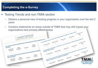 Completing the e-Survey

 Testing Trends and non-TMMi section
  – Obtains a personal view of testing progress in your organisation over the last 2
    years
  – Contains statements on areas outside of TMMi that may still impact your
    organisations test process effectiveness




                                                                              14
     Copyright © 2012 Experimentus Ltd
 