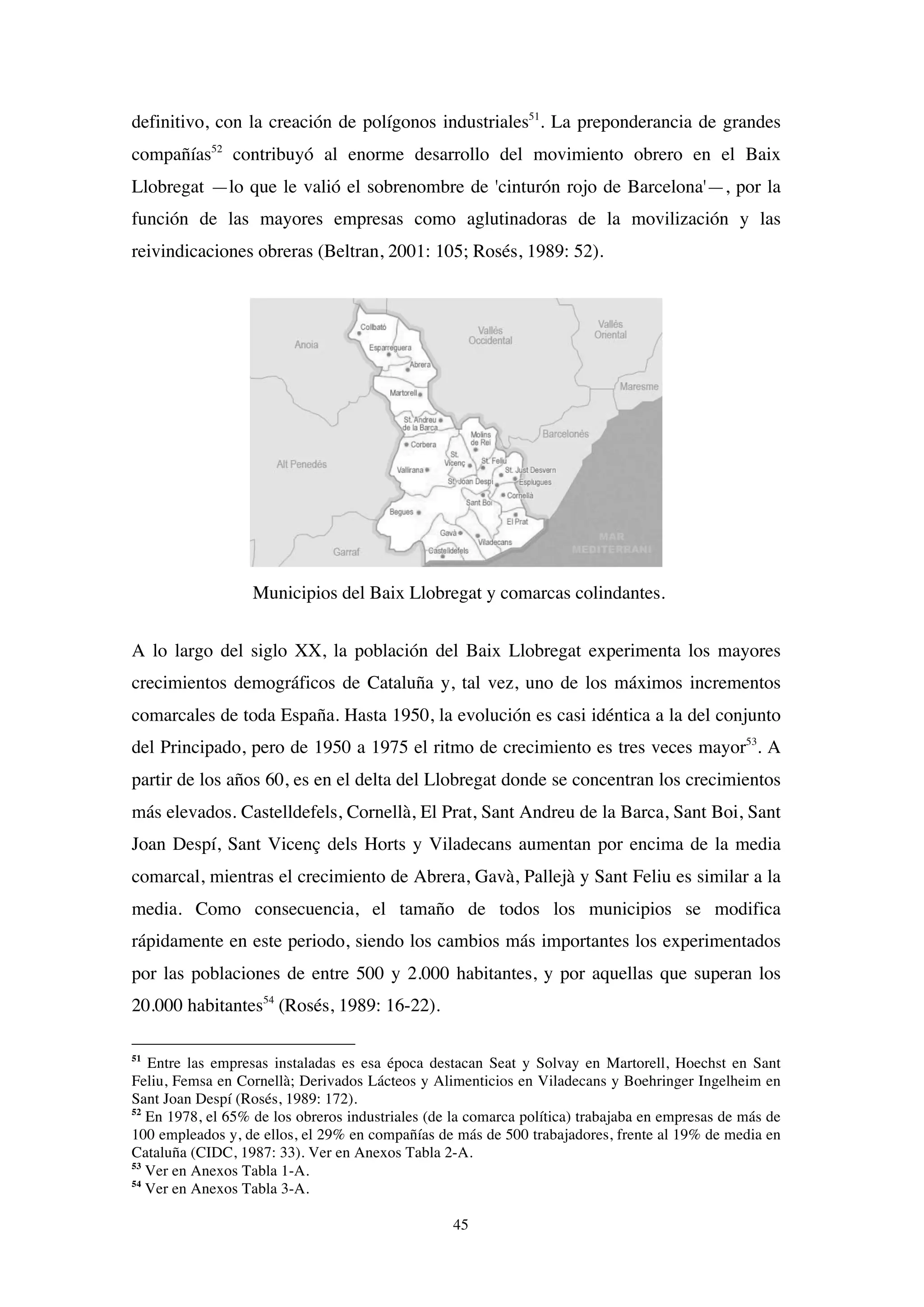 45
definitivo, con la creación de polígonos industriales51
. La preponderancia de grandes
compañías52
contribuyó al enorme desarrollo del movimiento obrero en el Baix
Llobregat —lo que le valió el sobrenombre de 'cinturón rojo de Barcelona'—, por la
función de las mayores empresas como aglutinadoras de la movilización y las
reivindicaciones obreras (Beltran, 2001: 105; Rosés, 1989: 52).
Municipios del Baix Llobregat y comarcas colindantes.
A lo largo del siglo XX, la población del Baix Llobregat experimenta los mayores
crecimientos demográficos de Cataluña y, tal vez, uno de los máximos incrementos
comarcales de toda España. Hasta 1950, la evolución es casi idéntica a la del conjunto
del Principado, pero de 1950 a 1975 el ritmo de crecimiento es tres veces mayor53
. A
partir de los años 60, es en el delta del Llobregat donde se concentran los crecimientos
más elevados. Castelldefels, Cornellà, El Prat, Sant Andreu de la Barca, Sant Boi, Sant
Joan Despí, Sant Vicenç dels Horts y Viladecans aumentan por encima de la media
comarcal, mientras el crecimiento de Abrera, Gavà, Pallejà y Sant Feliu es similar a la
media. Como consecuencia, el tamaño de todos los municipios se modifica
rápidamente en este periodo, siendo los cambios más importantes los experimentados
por las poblaciones de entre 500 y 2.000 habitantes, y por aquellas que superan los
20.000 habitantes54
(Rosés, 1989: 16-22).
51
Entre las empresas instaladas es esa época destacan Seat y Solvay en Martorell, Hoechst en Sant
Feliu, Femsa en Cornellà; Derivados Lácteos y Alimenticios en Viladecans y Boehringer Ingelheim en
Sant Joan Despí (Rosés, 1989: 172).
52
En 1978, el 65% de los obreros industriales (de la comarca política) trabajaba en empresas de más de
100 empleados y, de ellos, el 29% en compañías de más de 500 trabajadores, frente al 19% de media en
Cataluña (CIDC, 1987: 33). Ver en Anexos Tabla 2-A.
53
Ver en Anexos Tabla 1-A.
54
Ver en Anexos Tabla 3-A.
 