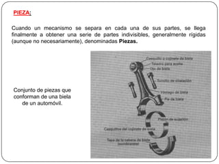 PIEZA:
Cuando un mecanismo se separa en cada una de sus partes, se llega
finalmente a obtener una serie de partes indivisibles, generalmente rígidas
(aunque no necesariamente), denominadas Piezas.
Conjunto de piezas que
conforman de una biela
de un automóvil.
 