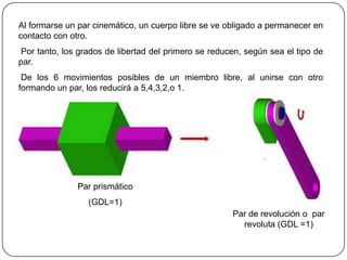 Al formarse un par cinemático, un cuerpo libre se ve obligado a permanecer en
contacto con otro.
Por tanto, los grados de libertad del primero se reducen, según sea el tipo de
par.
De los 6 movimientos posibles de un miembro libre, al unirse con otro
formando un par, los reducirá a 5,4,3,2,o 1.
Par prismático
(GDL=1)
Par de revolución o par
revoluta (GDL =1)
 