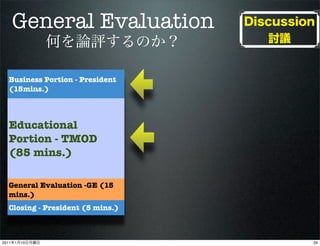 General Evaluation

   Business Portion - President
   (15mins.)



   Educational
   Portion - TMOD
   (85 mins.)

   General Evaluation -GE (15
   mins.)
   Closing - President (5 mins.)



2011   1   10                      29
 