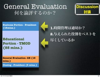 General Evaluation

   Business Portion - President
   (15mins.)                       1.
                                   2.
   Educational
   Portion - TMOD
   (85 mins.)

   General Evaluation -GE (15
   mins.)
   Closing - President (5 mins.)



2011   1   10                           29
 