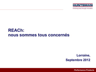 REACh:
nous sommes tous concernés



                              Lorraine,
                        Septembre 2012


                             Performance Products
 