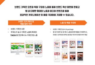 브랜드 기획전 오픈과 특화 구좌의 노출을 통해 브랜드 확산 발판을 만들고
앱 내 다양한 형태의 노출과 미디어 컨텐츠를 통해
효과적인 커뮤니케이션 및 매출 극대화를 기대할 수 있습니다.
•
•
TMON
•
•
 