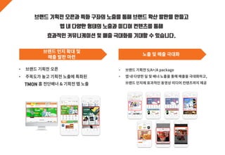 브랜드 기획전 오픈과 특화 구좌의 노출을 통해 브랜드 확산 발판을 만들고
앱 내 다양한 형태의 노출과 미디어 컨텐츠를 통해
효과적인 커뮤니케이션 및 매출 극대화를 기대할 수 있습니다.
•
•
TMON
•
•
 