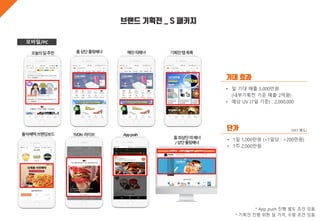 브랜드 기획전 _ S 패키지
모바일/PC
기대 효과
• 일 기대 매출 5,000만원
(내부기획전 기준 매출 2억원)
• 예상 UV (7일 기준) : 2,000,000
단가
• 1일 1,000만원 (+1일당 : +200만원)
• 1주 2,000만원
(VAT 별도)
오늘의딜추천 홈상단롤링배너 기획전탭목록
출석·혜택브랜딩보드 TVON 라이브 Apppush
* App push 진행 별도 조건 있음
* 기획전 진행 위한 딜 가격, 수량 조건 있음
메인띠배너
홈최상단띠배너
/상단롤링배너
 