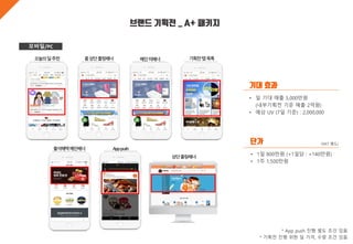 모바일/PC
기대 효과
• 일 기대 매출 5,000만원
(내부기획전 기준 매출 2억원)
• 예상 UV (7일 기준) : 2,000,000
단가 (VAT 별도)
* App push 진행 별도 조건 있음
* 기획전 진행 위한 딜 가격, 수량 조건 있음
오늘의딜추천 홈상단롤링배너 기획전탭목록메인띠배너
출석혜택메인배너 Apppush
상단롤링배너
• 1일 800만원 (+1일당 : +140만원)
• 1주 1,500만원
브랜드 기획전 _ A+ 패키지
 