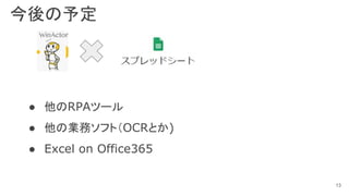 13
今後の予定
● 他のRPAツール
● 他の業務ソフト（OCRとか)
● Excel on Office365
 