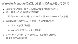 WinActorManagerOnCloud 買ってみた（使ってない）
● 今起きている異常と過去対処済みの異常が分別できない
● さっと修正→さっと再実行ができない
　再パッケージング ⇒ 再アップロード ⇒ 再スケジューリング が必要
● Windowsタスクスケジューラ管理 　⇔ WAMOC管理　
　でシナリオの変更が必要
　⇒　WAMOC管理の一本化に至らず
● シナリオ ⇔ パッケージ ⇔ スケジュールを整合しながら
修正運用するのは困難
 
