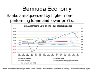 Bermuda Economy
Banks are squeezed by higher non-
performing loans and lower profits.
Note: all data in percentage terms, Data Source: The Bermuda Monetary Authority; Quarterly Banking Digest
 