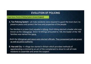 EVOLUTION OF POLICING
EVOLUTION OF POLICING
A. Tun Policing System - all male residents were required to guard the town (tun ) to
preserve peace and protect the lives and properties of the people.
A. Tun Policing System - all male residents were required to guard the town (tun ) to
preserve peace and protect the lives and properties of the people.
- Ten families in a town (tun) equaled a tithing. Each tithing elected a leader who was
known as the Tithingman. Since 10 tithings amounted to 100, the leader of the 100
families was named the reeve.
- Ten families in a town (tun) equaled a tithing. Each tithing elected a leader who was
known as the Tithingman. Since 10 tithings amounted to 100, the leader of the 100
families was named the reeve.
- Both the tithingman and reeve were elected oﬃcials. They possessed judicial power
as well as police authority.
- Both the tithingman and reeve were elected oﬃcials. They possessed judicial power
as well as police authority.
B. Hue and Cry - A village law started in Britain which provided methods of
apprehending a criminal by an act of the complainant to shout to call all male
residents to assemble and arrest the suspect.
B. Hue and Cry - A village law started in Britain which provided methods of
apprehending a criminal by an act of the complainant to shout to call all male
residents to assemble and arrest the suspect.
Anglo-Saxon Period of Policing System (Ancient England)
 
