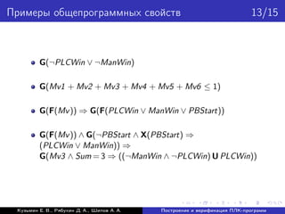 Примеры общепрограммных свойств 13/15
G(¬PLCWin ∨ ¬ManWin)
G(Mv1 + Mv2 + Mv3 + Mv4 + Mv5 + Mv6 ≤ 1)
G(F(Mv)) ⇒ G(F(PLCWin ∨ ManWin ∨ PBStart))
G(F(Mv)) ∧ G(¬PBStart ∧ X(PBStart) ⇒
(PLCWin ∨ ManWin)) ⇒
G(Mv3 ∧ Sum = 3 ⇒ ((¬ManWin ∧ ¬PLCWin) U PLCWin))
Кузьмин Е. В., Рябухин Д. А., Шипов А. А. Построение и верификация ПЛК-программ
 