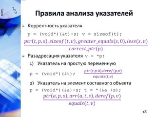 

Корректность указателя
p = (void*)(&t)+s; v = sizeof(t);

𝑝𝑡𝑟 𝑡, 𝑝, 𝑠 , 𝑠𝑖𝑧𝑒𝑜𝑓 𝑡, 𝑣 , 𝑔𝑟𝑒𝑎𝑡𝑒𝑟_𝑒𝑞𝑢𝑎𝑙𝑠(𝑠, 0), 𝑙𝑒𝑠𝑠(𝑠, 𝑣)
𝑐𝑜𝑟𝑟𝑒𝑐𝑡_𝑝𝑡𝑟(𝑝)
 Разадресация указателя v = *p;
1) Указатель на простую переменную
p = (void*)(&t);

𝑝𝑡𝑟 𝑡,𝑝,0 ,𝑑𝑒𝑟𝑒𝑓(𝑝,𝑣)
𝑒𝑞𝑢𝑎𝑙𝑠(𝑡,𝑣)

2) Указатель на элемент составного объекта
p = (void*)(&a)+s; t = *(&a +s);

𝑝𝑡𝑟 𝑎, 𝑝, 𝑠 , 𝑎𝑟𝑟 𝑎, 𝑡, 𝑠 , 𝑑𝑒𝑟𝑒𝑓(𝑝, 𝑣)
𝑒𝑞𝑢𝑎𝑙𝑠(𝑡, 𝑣)
18

 