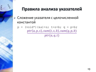 

Сложение указателя с целочисленной
константой
p = (void*)(&a)+s; t=s+b; q = p+b;

𝑝𝑡𝑟 𝑎, 𝑝, 𝑠 , 𝑠𝑢𝑚 𝑡, 𝑠, 𝑏 , 𝑠𝑢𝑚(𝑞, 𝑝, 𝑏)
𝑝𝑡𝑟(𝑎, 𝑞, 𝑡)

19

 