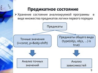  Хранение состояния анализируемой программы в
виде множества предикатов логики первого порядка
Предикаты

Точные значения
(i=const, p=&obj+shift)

Предикаты общего вида
(type(obj1, obj2, ...) is
true)

Анализ точных
значений

Анализ
зависимостей
9

 