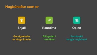 Snjall Rauntíma Opinn
Gervigreindin
er löngu komin
Allt gerist í
rauntíma
Forritaskil
tengja hugbúnað
Hugbúnaður sem er
 
