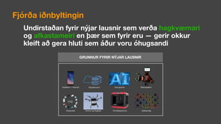 GRUNNUR FYRIR NÝJAR LAUSNIR
Undirstaðan fyrir nýjar lausnir sem verða hagkvæmari
og afkastameiri en þær sem fyrir eru — gerir okkur
kleift að gera hluti sem áður voru óhugsandi
Fjórða iðnbyltingin
 