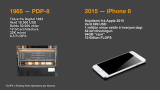 1965 — PDP-8
Tölva frá Digital 1965
Verð 18.500 USD
Seldu 50.000 vélar
12 bit architecture
32K minni
0,5 FLOPS
FLOPS =:Floating Point Operations per Second
2015 — iPhone 6
Snjallsími frá Apple 2015
Verð 699 USD
1 milljón símar seldir á hverjum degi
64 bit tölvuhögun
64GB “rými”
10 Billion FLOPS
 