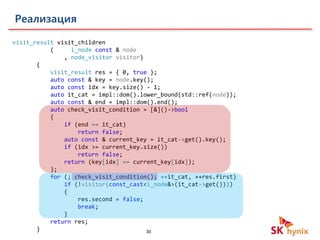 30
Реализация
visit_result visit_children
( i_node const & node
, node_visitor visitor)
{
visit_result res = { 0, true };
auto const & key = node.key();
auto const idx = key.size() - 1;
auto it_cat = impl::dom().lower_bound(std::ref(node));
auto const & end = impl::dom().end();
auto check_visit_condition = [&]()->bool
{
if (end == it_cat)
return false;
auto const & current_key = it_cat->get().key();
if (idx >= current_key.size())
return false;
return (key[idx] == current_key[idx]);
};
for (; check_visit_condition(); ++it_cat, ++res.first)
if (!visitor(const_cast<i_node&>(it_cat->get())))
{
res.second = false;
break;
}
return res;
}
 