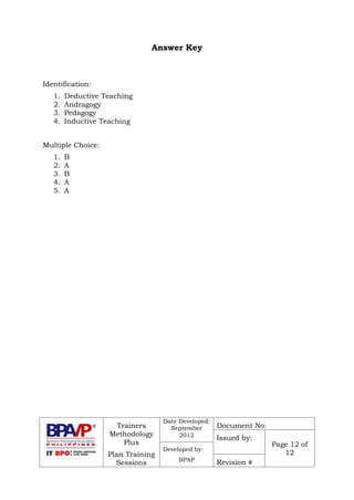 Trainers
Methodology
Plus
Plan Training
Sessions
Date Developed:
September
2012
Document No:
Issued by:
Page 12 of
12
Developed by:
BPAP
Revision #
Answer Key
Identification:
1. Deductive Teaching
2. Andragogy
3. Pedagogy
4. Inductive Teaching
Multiple Choice:
1. B
2. A
3. B
4. A
5. A
 