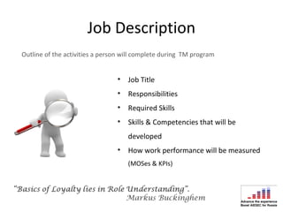 Job Description
Outline of the activities a person will complete during TM program


                                • Job Title
                                • Responsibilities
                                • Required Skills
                                • Skills & Competencies that will be
                                    developed
                                • How work performance will be measured
                                    (MOSes & KPIs)
 