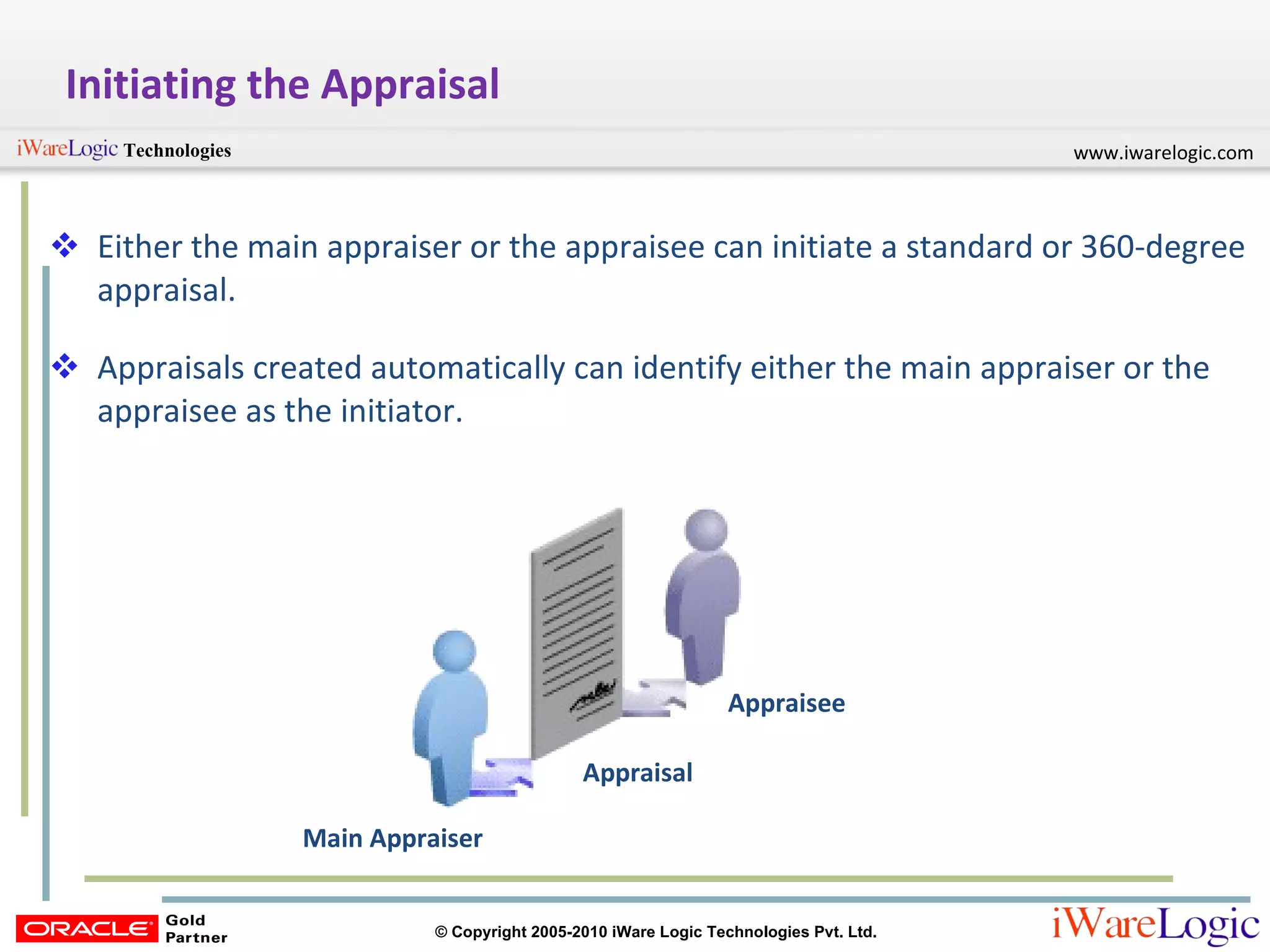 Initiating the Appraisal Either the main appraiser or the appraisee can initiate a standard or 360-degree appraisal.  Appraisals created automatically can identify either the main appraiser or the appraisee as the initiator. Main Appraiser Appraisee Appraisal 